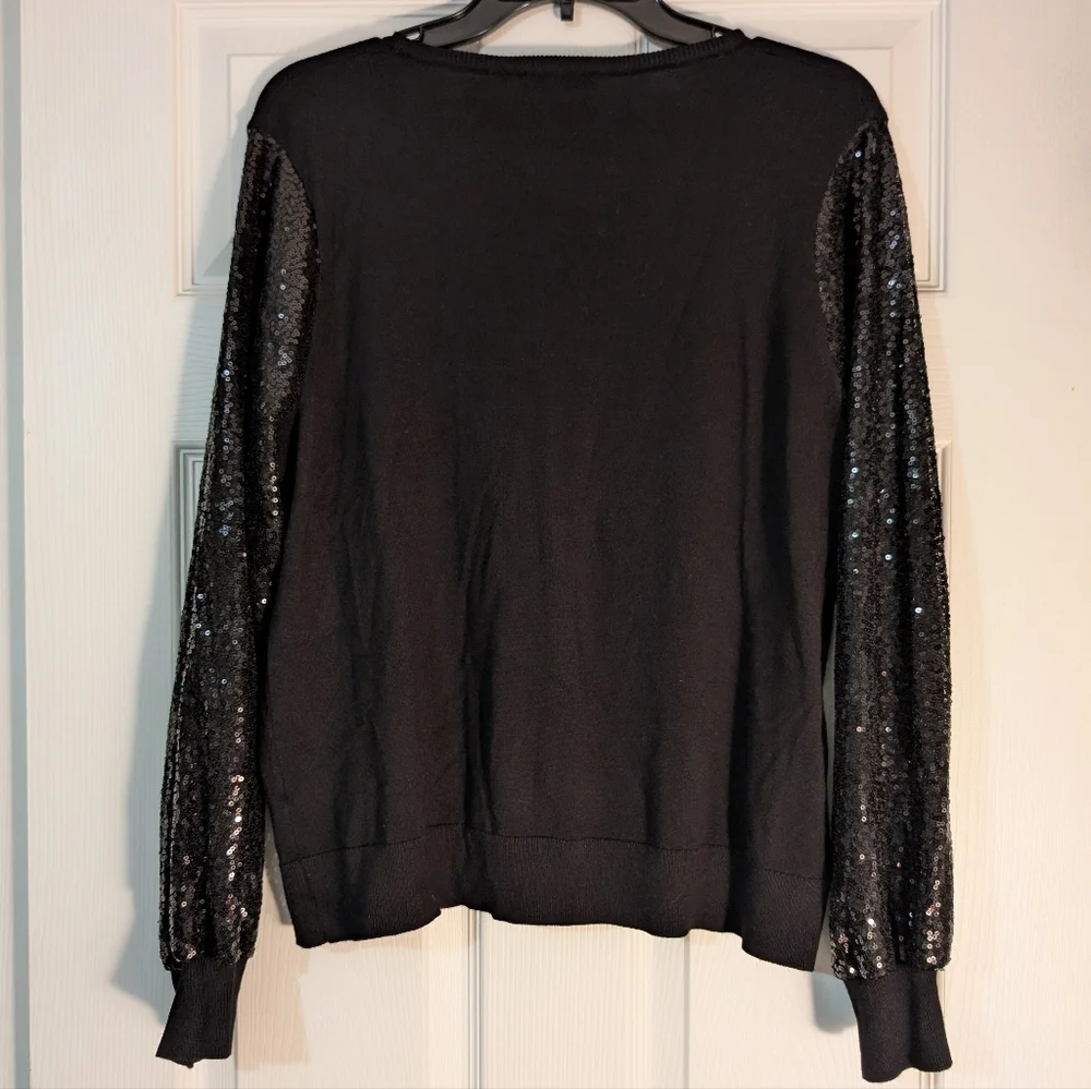 Adrianna Papell Black V-neck Sweater with Sequin Sleeves Size XL - Picture 4 of 6